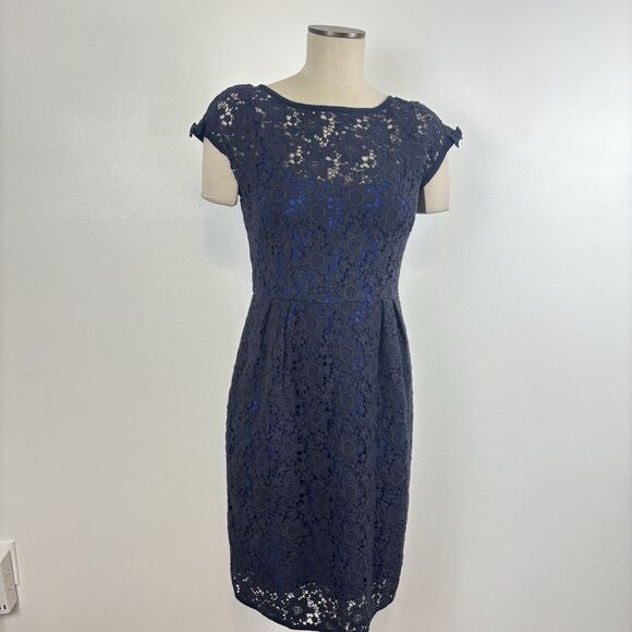 Nanette Lepore Womens 10 Around the World Sheath Dress Navy Blue Lace Bow Detail - Picture 1 of 10